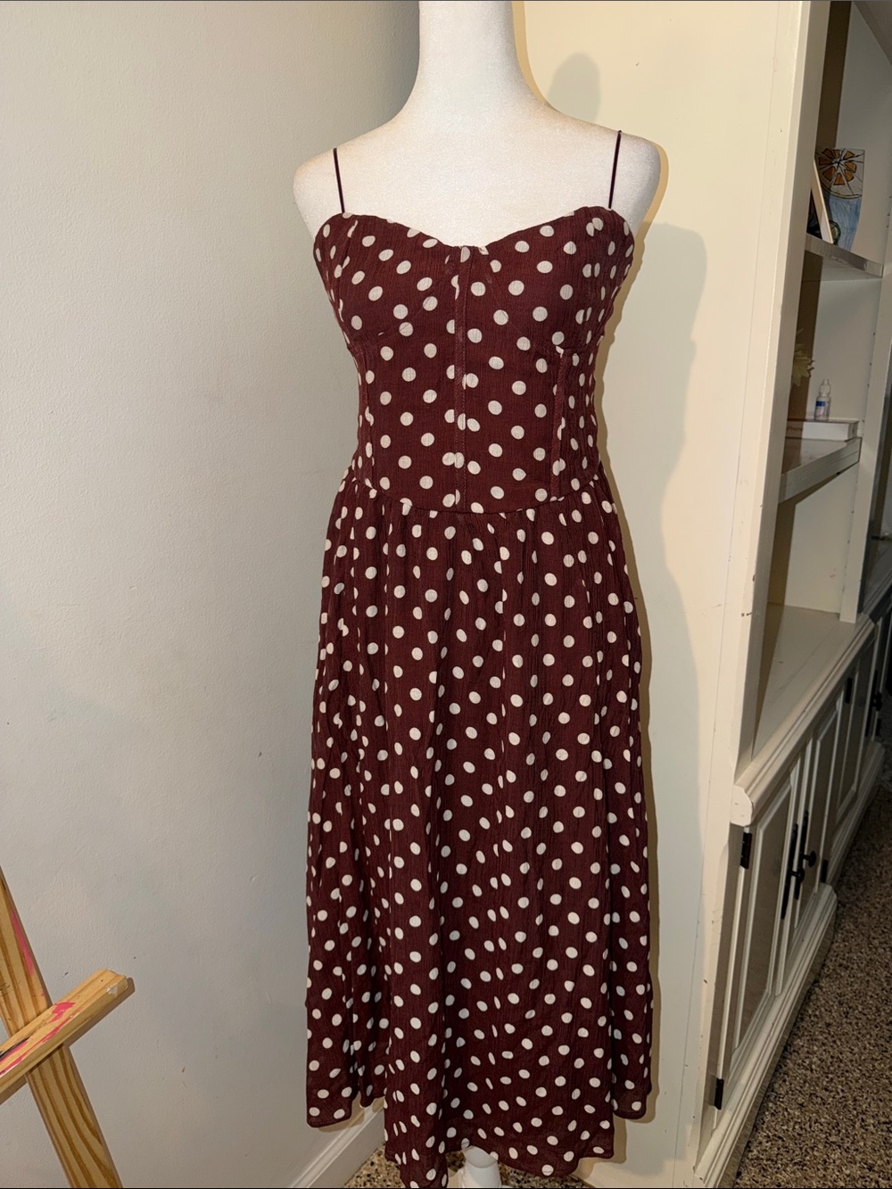 Polka Dot Burgundy Midi Dress with Spaghetti Straps
